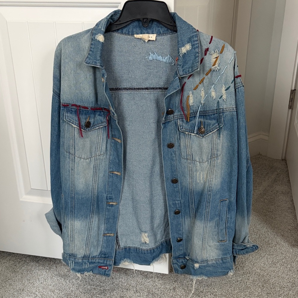 Distressed Denim Jacket with Embroidery